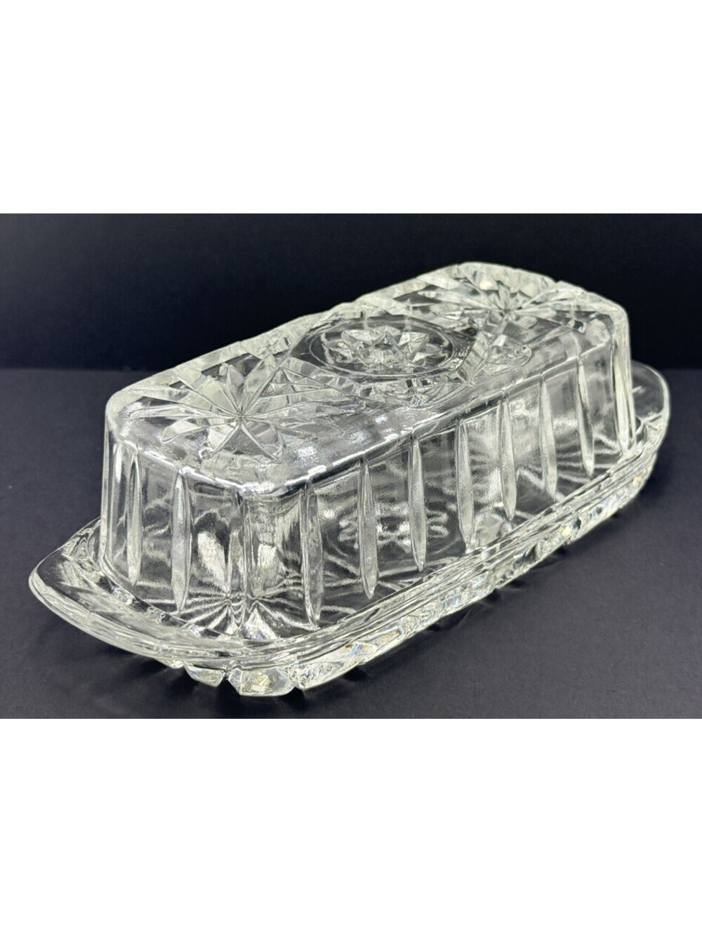 Vtg Anchor Hocking Star Cut 1/4lb Pressed Glass Butter Dish w/Lid
